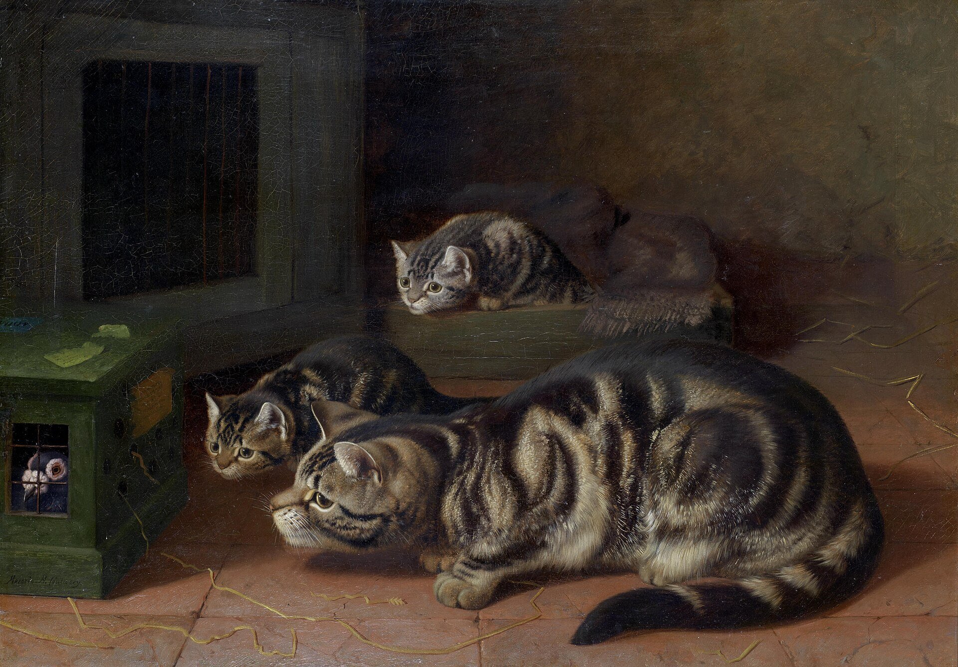 Three tabby cats investigating a caged mouse with intense focus, curiosity in every posture