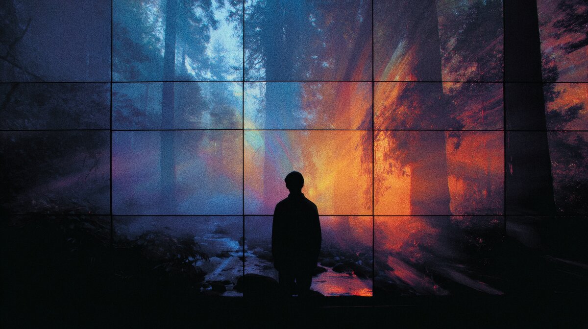 A silhouetted figure stands before a massive video wall displaying a forest split between cool blue and burning orange, the grid lines of the screens visible