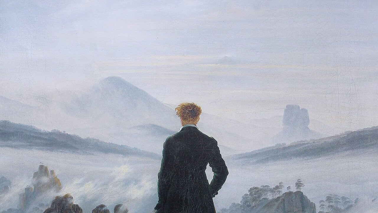 Caspar David Friedrich, Wanderer above the Sea of Fog (1818) — a solitary figure stands at a precipice, gazing into a landscape they cannot fully see