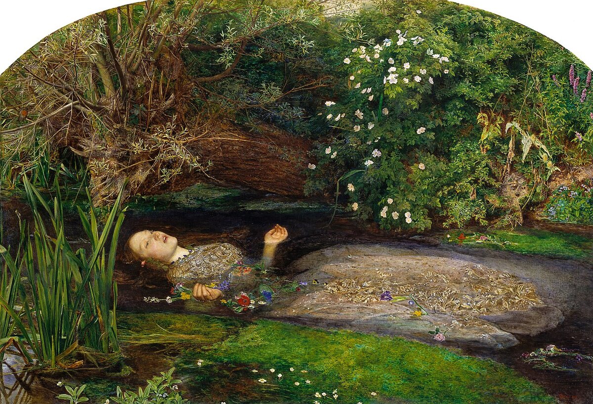 A young woman floats in a river surrounded by wildflowers, singing, unaware that the water is rising