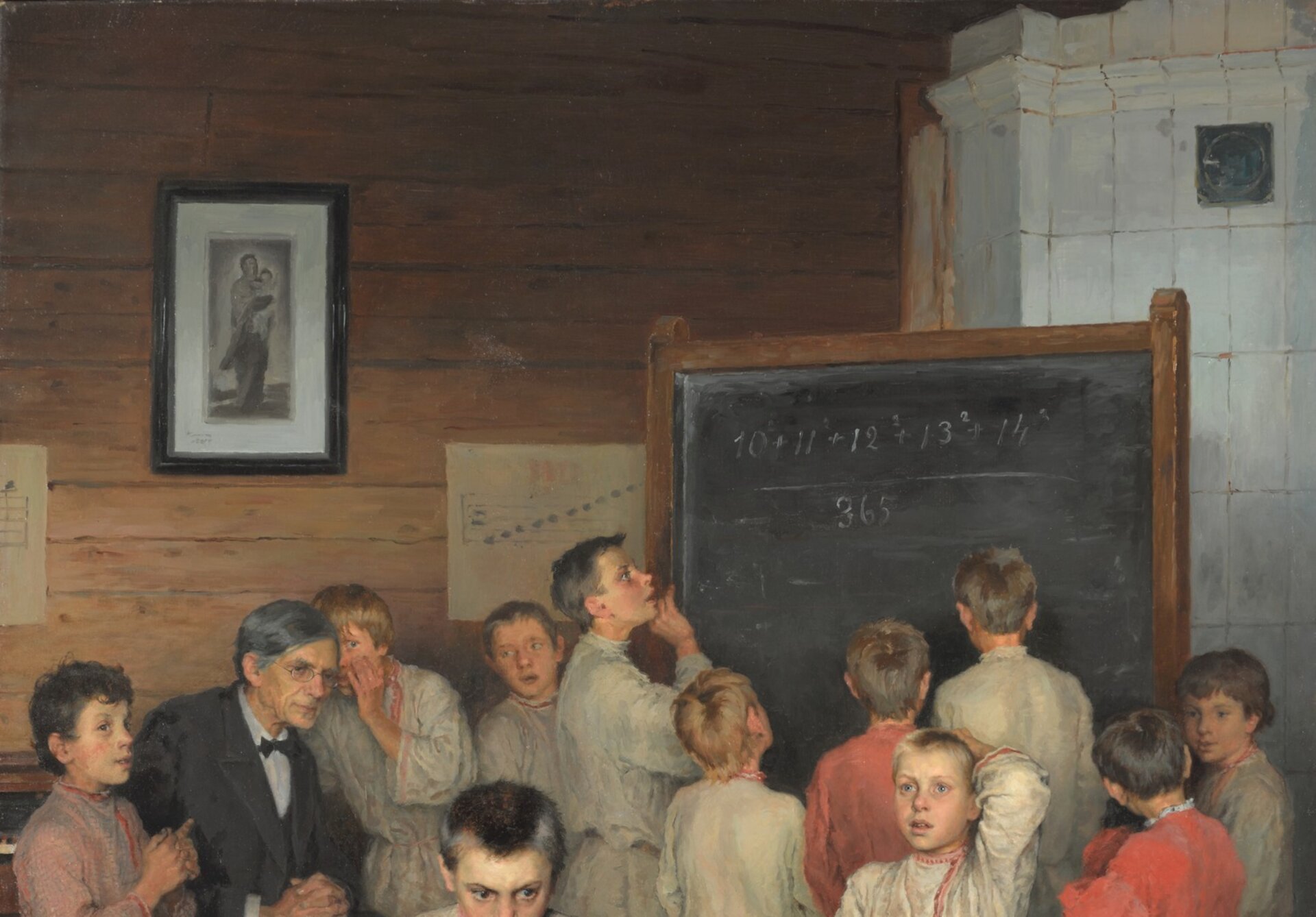 Children gathered around a chalkboard in a rural school, some thinking, some watching, one boy staring directly at the viewer